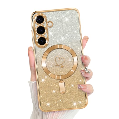 Bonoma Compatible with Samsung Galaxy S25 Case Heart Glitter -Gold | Support for MagSafe, Plating Magnetic Case TPU Camera Protection Back Cover for Phone Case - color: Gold, size: Samsung Galaxy S25