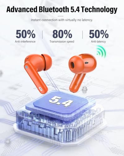 Wireless Earbuds, Bluetooth 5.4 Headphones Bass Stereo/Clear Calls, Orange - color: Orange
