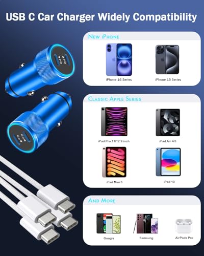 iPhone Car Charger Fast Charging,iPhone 17 Car Charger 2PACK Dual USBC Port - color: Blue 3FT