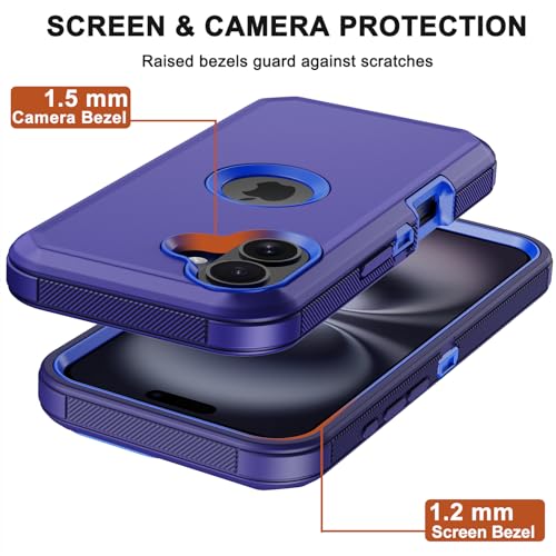 for iPhone 16 Phone Case, Military Grade Drop Protection Cell Phone Cover with Belt Clip Holster Stand, Screen Protector x2 Rugged Shockproof Kickstand for iPhone 16 Case 6.1 inch (Blue) - color: Blue