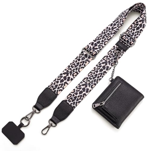 Diaclara Clip and Go Phone Strap with Zipper Pouch- Stylish Crossbody Adjustable Chain Lanyard with Leather Wallet for All Phones, Leopard Print - color: Leopard Print