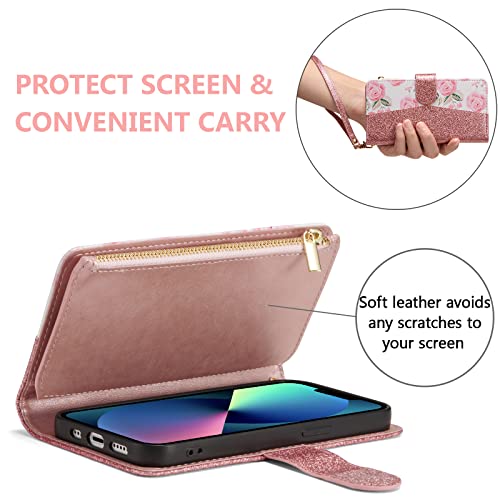 UEEBAI Wallet Case for iPhone 13 - PU Leather Magnetic Closure Handbag With Zipper Pocket, Kickstand, Card Slots and Hand Strap - Bling Rose Gold Flip for Women - color: Bling Rose Gold