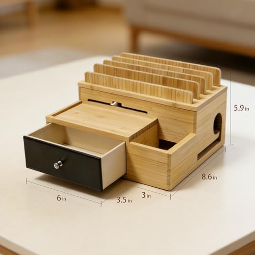 Bamboo Charging Station Organizer with Drawer and Pen Holder