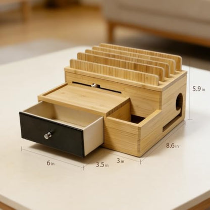 Bamboo Charging Station Organizer with Drawer and Pen Holder