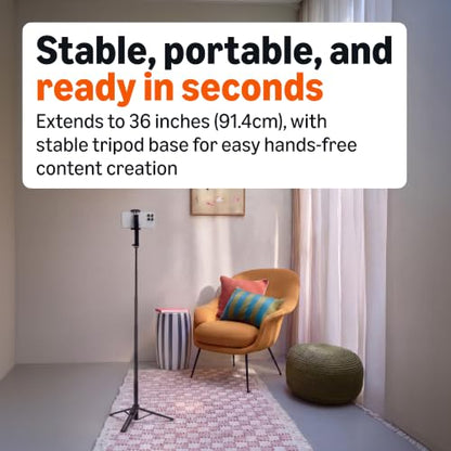 Amazon Basics 36" Portable Selfie Stick Mini Tripod for Phone with Detachable Remote, 360-Degree Rotation, 30-Foot Range, Compatible with iPhone, Samsung, and More, Black - size: 36inch