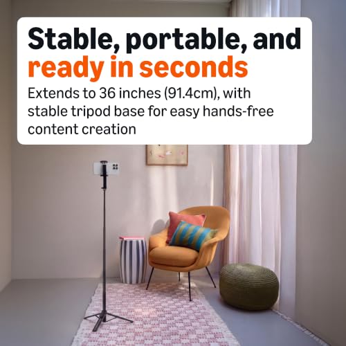 Amazon Basics 36" Portable Selfie Stick Mini Tripod for Phone with Detachable Remote, 360-Degree Rotation, 30-Foot Range, Compatible with iPhone, Samsung, and More, Black - size: 36inch