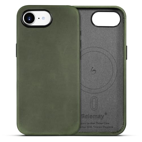 Belemay Handcrafted Crazy Horse Leather Case for iPhone 17e / iPhone 16e, Compatible with MagSafe, Vintage Aesthetic, Two-Tone Effect, Unique Patina, Metal Buttons Cover (6.1"), Pine Green - color: Pine Green