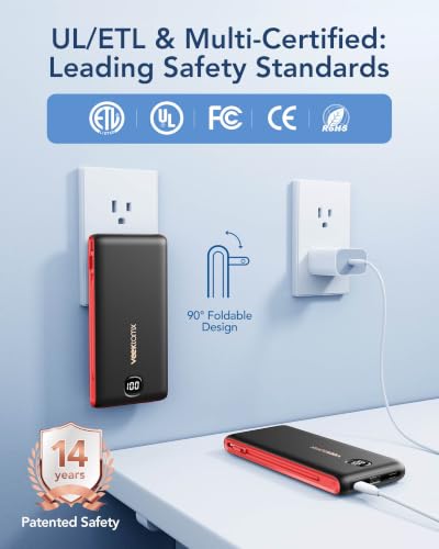 VEEKTOMX Portable Charger with Built-in Cables and AC Wall Plug, 10000mAh - color: Black Red