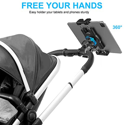 Stroller Tablet Holder for Baby - Tablet Mount Handlebar Clamp for Scooter, Wheelchair, Gym Bicycle, Workout Equipment, Tripod for iPad Pro Air Mini, Galaxy Tabs, Z Fold, Fire, iPhone, 4.7-13" Devices