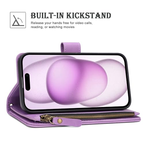 RANYOK Compatible with iPhone 15 Wallet Case with [RFID Blocking] [Zipper Pocket] [Kickstand] [Wrist Strap] PU Leather Wallet Case for iPhone 15 6.1 inch - Purple - color: Purple