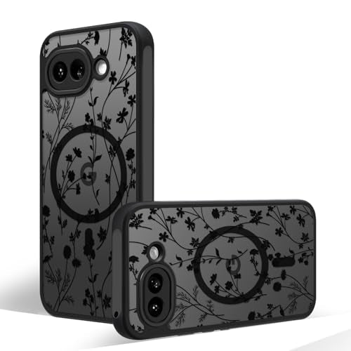 Magnetic Case for Google Pixel 10A [Compatible with MagSafe] Cute Black Flower Floral Pattern Case for Women Girls Soft TPU Bumper Hard PC Back Anti-Fall Shockproof Protective Slim Cover A9 - color: Flower Branch 2, size: Google Pixel 10A