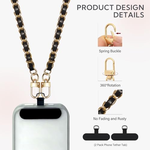 Universal Crossbody Patch Phone Lanyards - 2 Pads, 1 Leather Phone Strap, 1 Adjustable Finger Strap - Compatible with Most Smartphones (48in) - color: Gold/Black 48in