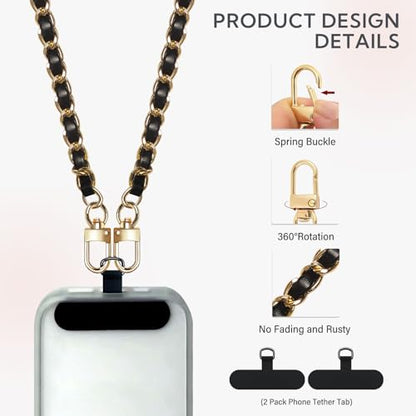 Universal Crossbody Patch Phone Lanyards - 2 Pads, 1 Leather Phone Strap, 1 Adjustable Finger Strap - Compatible with Most Smartphones (48in) - color: Gold/Black 48in