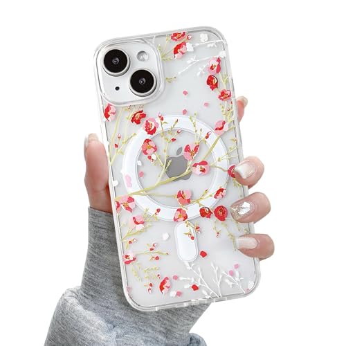 QLTYPRI Magnetic for iPhone 11 Case Compatible with Magsafe, Cute Floral Flower Aesthetic Phone Case Slim Clear Anti-Yellowing Shockproof Phone Cover for Girls Women - Red - color: Red, size: iPhone 11