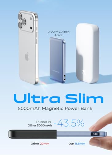 Aobbow for MagSafe Power Bank 5000mAh, Ultra Slim Wireless Portable Charger | 0.4" Ultra Slim Travel Essential Battery Pack, 50% Smaller Magnetic Power Bank, Fast Charging for iPhone 17–12, Blue - color: Blue