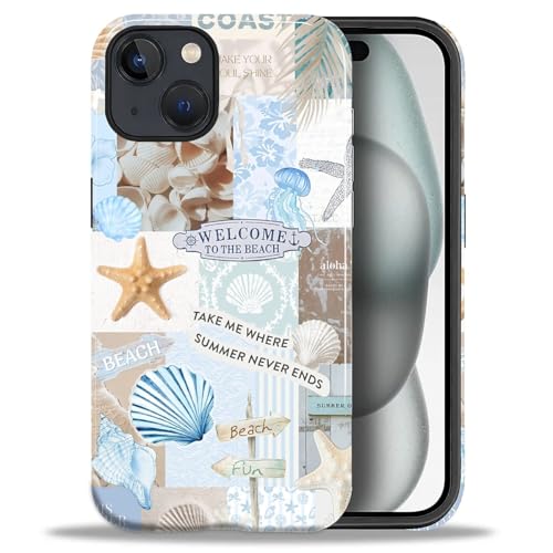Case Compatible with iPhone 15 Plus, Cute Dual Layer Hybrid Phone Cover, Military Grade Drop Protection, Aesthetic Shockproof Phone Case for Women Girls, Boho Beach Summer Collage - color: Boho Beach Summer Collage, size: Iphone 15 Plus