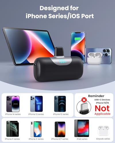 Mini Portable Charger for iPhone,Upgraded 22.5W PD Fast Charging 5500mAh Ultra-Compact Power Bank,LCD Display Plug-in Cute Battery Pack Travel Essentials for iPhone 14/14Pro/13/12/11/X/8/7/6 (Black)