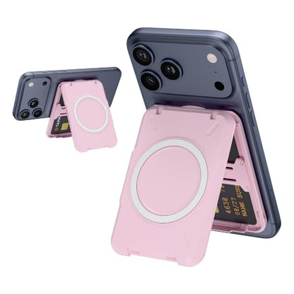 PROfezzion Double Sided Magnetic Phone Card Holder Wallet for MagSafe, Pink | RFID Blocking, Compatible with iPhone 17 16 15 14 13 12 Pro Max Plus, Holds 4-Cards, Secure Snap Latch, Adjustable Stand - color: PINK