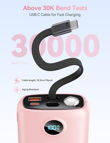 DIAMUAR Portable Charger 20000mAh 45W, Built in USB C Cable, 3W Flashlight - color: Pink