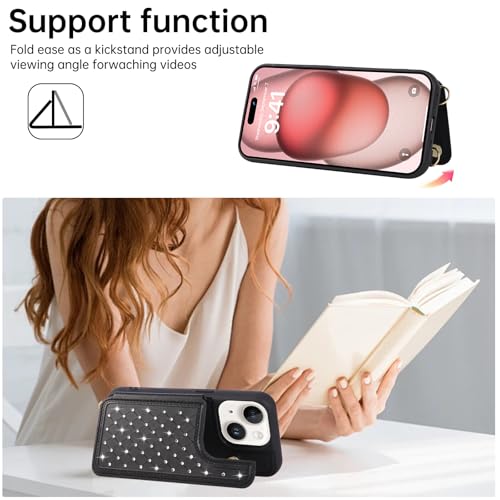 for iPhone 11 Wallet Case with Card Holder Slots and Strap, RFID Blocking Magnetic Flip Folio Cover, Crossbody Purse Protection Case with Kickstand,Black Diamond - color: Black Diamond, size: iPhone 11(6.1")