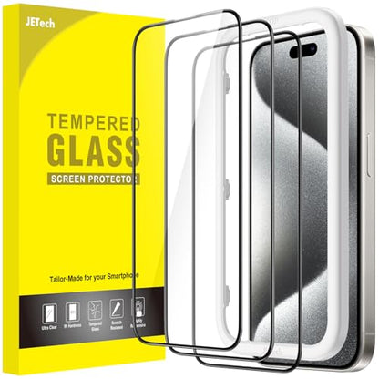 JETech Full-Coverage Screen Protector for iPhone 15 Pro, 3-Pack | Black Edge Tempered Glass, Easy Installation Tool, HD Clear, Case-Friendly - size: iPhone 15 Pro