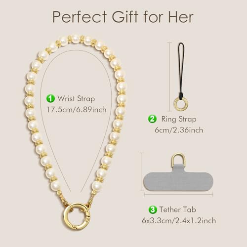 SURPHY Phone Charm, Handmade Beaded Phone Wrist Strap with Tether Tab - color: A- Pearl Gold