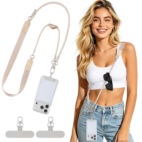 Oaridey Phone Lanyard Crossbody, Adjustable Anti Theft Phone Strap with 2 Metal Phone Tether Tabs for All Phones, Ergonomic Wide Shoulder Strap Cell Phone Lanyard for Daily Use, Skin-Friendly, Apricot - color: Apricot
