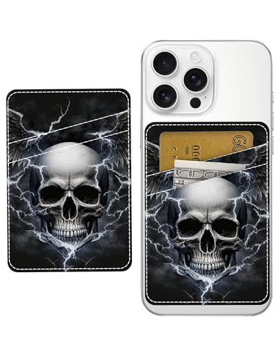Phone Card Holder, Dual Pocket Leather Phone Wallet Adhesive Stick On, Cute Card Holder, Credit Card Holder for Phone Case Cool Skull - color: Cool Skull