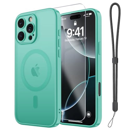 Magnetic Case for iPhone 16 Pro Case with Screen Protector+Wrist Strap | Compatible with MagSafe,Full Camera Protection,Slim Translucent Matte Phone Cover,Turquoise - color: Turquoise