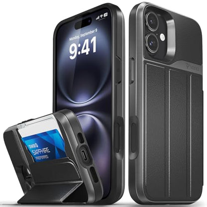VENA vCommute for iPhone 16 Plus Wallet Case, Black | Military-Grade Drop Protection, Premium Leather Magnetic Flap Cover, Hidden Card Holder, RFID Blocking, Multi-Angle Kickstand - color: Classic - Black, size: iPhone 16 Plus