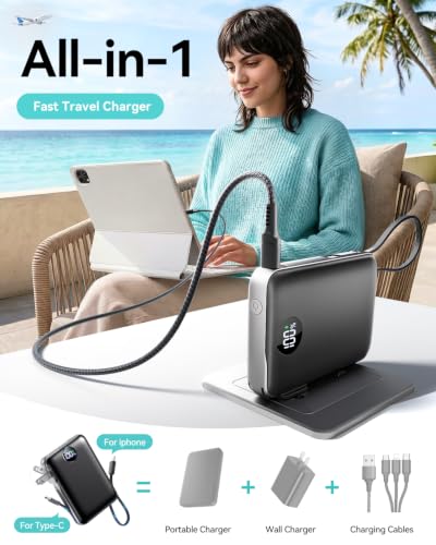 Portable Charger Power Bank 10000mAh, 45% Smaller Built-in Cables & AC Plug - color: Black