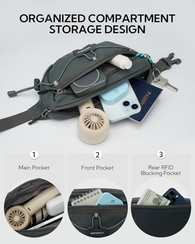 WATERFLY Small Fanny Pack RFID Blocking Travel Hiking Crossbody Waist Bag | Anti-theft design, Water resistant, Lockable zipper, Hidden rear pocket, Lightweight hip belt bag, EDC Running, Cycling, Gym - color: Gray