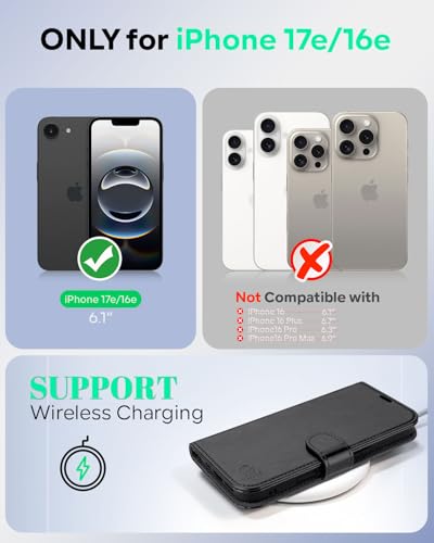 OCASE for iPhone 17e/iPhone 16e Wallet Case, Card Holder, Black | RFID Blocking, Kickstand, Magnetic Closure, PU Leather Flip Folio, Shockproof TPU Shell, Protective Phone Cover (6.1") - color: Black