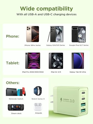 [2-Pack] USB C Charger Block, 4 in 1 iPhone Charger, PD 3.0 40W Charging Blocks, QC 2A USB Wall Charger for iPhone 17 16 15 14 13 12 Pro Max, iPad - color: Yellow + Green