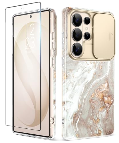 GVIEWIN for Samsung Galaxy S26 Ultra Case with Slide Camera Cover, [Screen Protector] [Shockproof Military Grade Drop Protection] Marble Slim Fit Hard PC Phone Cover S26 Ultra 6.9" 2026 (Pearlescent) - color: B-Pearlescent/Gold, size: For Galaxy S26 Ultra