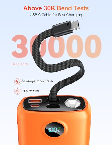 DIAMUAR Portable Charger 20000mAh 45W, Built in USB C Cable, 3W Flashlight - color: Orange