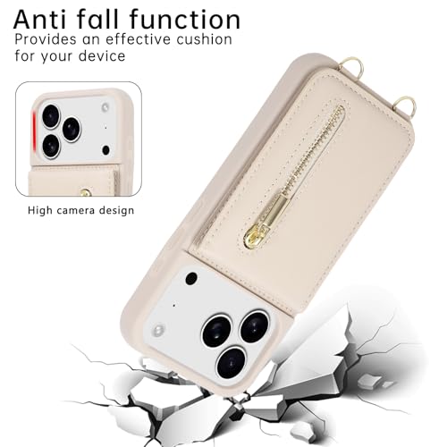 Crossbody Wallet Case for iPhone 17 Pro with Lanyard Strap Card Slot Holder RFID Blocking Kickstand,Magnetic Flip Folio Zipper Purse Case, PU Leather Cover Handbag,Beige - color: Beige, size: iPhone 17 Pro(6.3")