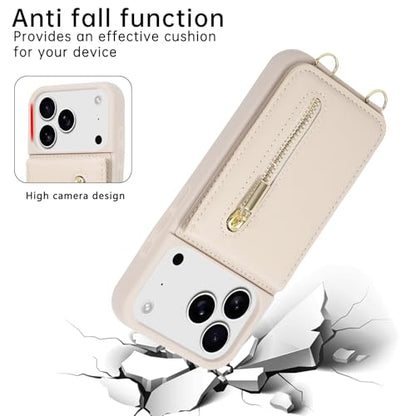 Crossbody Wallet Case for iPhone 17 Pro with Lanyard Strap Card Slot Holder RFID Blocking Kickstand,Magnetic Flip Folio Zipper Purse Case, PU Leather Cover Handbag,Beige - color: Beige, size: iPhone 17 Pro(6.3")