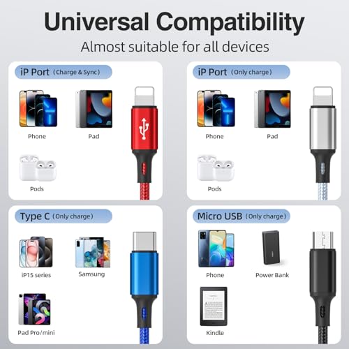 6 in 1 Multi Charging Cable, USBA/C Universal Multiple Charger Cords, 3Pack