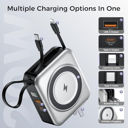 10000mAh Portable Charger Power Bank Built in Cables&Wall Plug - color: Silvery