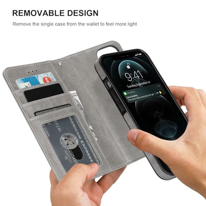 Bocasal Detachable Wallet Case Card Holder for iPhone 12/12 Pro, Grey | Kickstand Card Slots Holder PU Leather Magnetic Shockproof Wrist Strap Removable Flip Protective Cover 6.1 inch - color: Gray