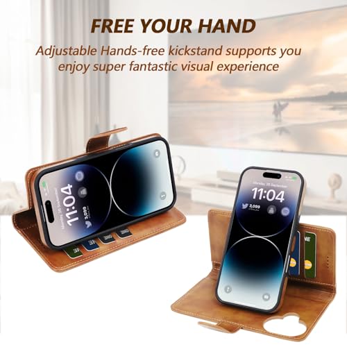 2 in 1 PU Leather for iPhone 16 Plus Case, Detachable Wallet Case with Card Holder, Removable Flip Folio Cover with RFID Blocking, Stand Shockproof Phone Cover（Compatible with MagSafe） Brown - color: Brown, size: Iphone 16 plus