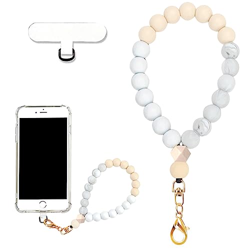 VICHUNHO Marble Silicone Beaded Phone Wrist Strap, Cellphone Lanyard with Tether Tab, Elastic Hands-Free Wristlet Bracelet - color: White