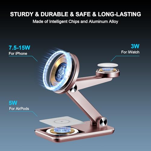 Wireless Charger 3 in 1,Foldable Wireless Charging Station for Apple MagSafe Charger,Aluminum Portable Magnetic Travel Charger Stand for iPhone,Watch,Aipods (with 20W Adapter & Case) - color: Gold