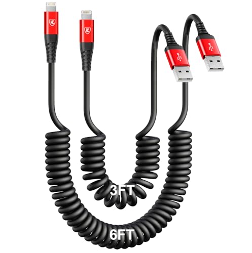 Coiled Lightning Cable, iPhone Charger Cable 3FT/6FT for CarPlay 2 Pack-Red - color: Red, size: 3FT+6FT, style: USB A to Lightning