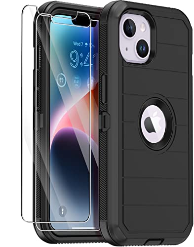 for iPhone 14 Case with 2 Screen Protector,Full Body Shockproof Drop Protection Dust Proof Heavy Duty 3-Layer Rugged Durable Military Grade Cover for Apple iPhone 14 6.1" (Black) - color: Black II
