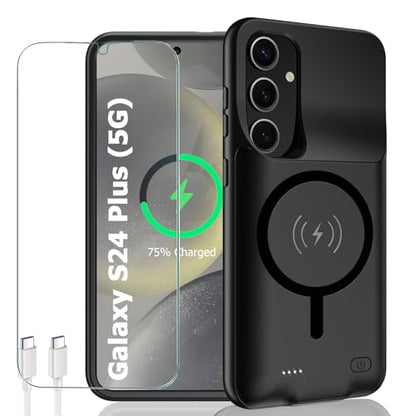Battery Case for Galaxy S24 Plus, 12000mAh Portable Wireless Charging Case Supporting CarPlay, Compatible with Galaxy S24 Plus (6.7 inch) Rechargeable Extended Battery Charger (Black) - size: Galaxy S24 Plus