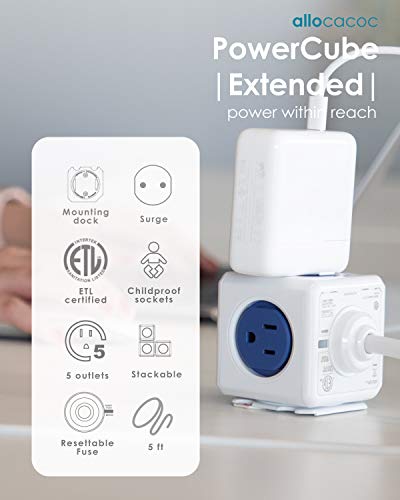 Allocacoc PowerCube Extended Blue Power Strip, 5ft Extension Cord 5 Outlets