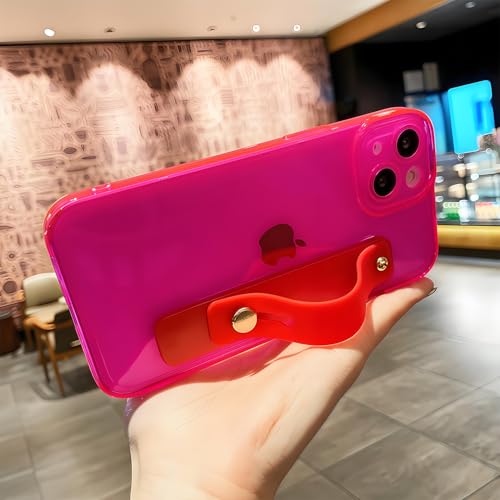 Strap Case for iPhone 15 with Stand, Neon Magenta | Wrist Strap Kickstand, Adjustable Finger Hand Grip Loop, Slim Transparent Anti-Scratch Back, Soft Bumper Phone Cover - color: Neon Magenta, size: iPhone 15