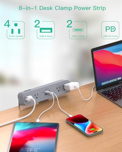 Mifaso PD30W Desk Clamp Power Strip, Surge Protector, Fast Charging Station - color: Gray, size: PD30W